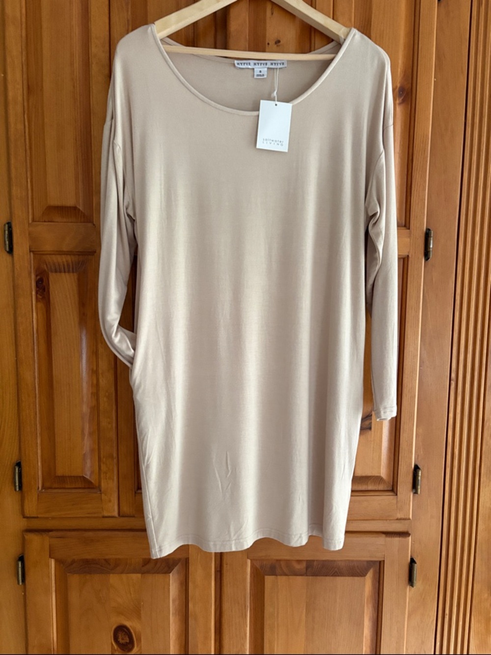 HYFVE Neutral Beige Long-Sleeve stretch dress,tunic, swimsuit cover up